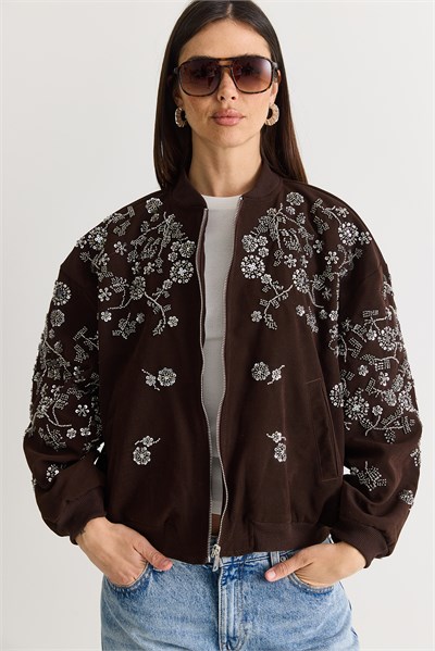 Kadın Taş ve Boncuk İşlemeli Oversize Fermuarlı Bomber Ceket 2950 60286566 - Acı Kahve