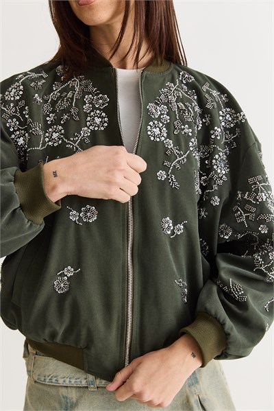 Kadın Taş ve Boncuk İşlemeli Oversize Fermuarlı Bomber Ceket 2950 60286566 - Haki