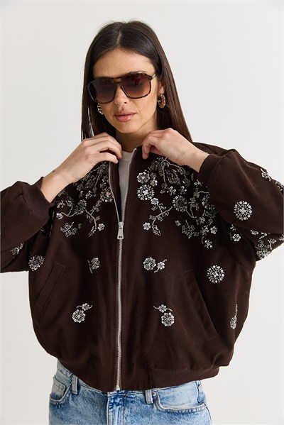 Kadın Taş ve Boncuk İşlemeli Oversize Fermuarlı Bomber Ceket 2950 60286566 - Acı Kahve