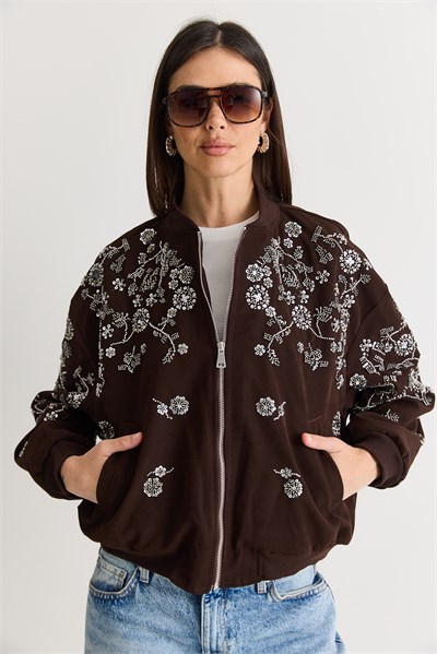 Kadın Taş ve Boncuk İşlemeli Oversize Fermuarlı Bomber Ceket 2950 60286566 - Acı Kahve
