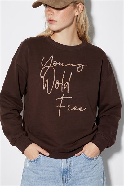 Kadın Taşlı Yazı Detaylı Oversize Üç İplik Sweatshirt 1006 60286478 - Acı Kahve