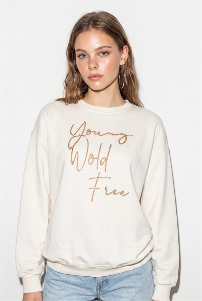 Kadın Taşlı Yazı Detaylı Oversize Üç İplik Sweatshirt 1006 60286478 - Beyaz