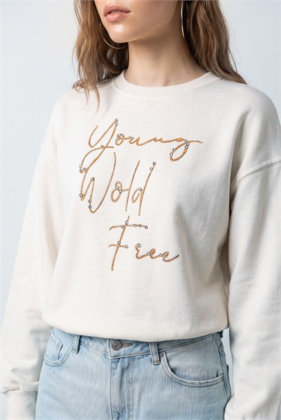 Kadın Taşlı Yazı Detaylı Oversize Üç İplik Sweatshirt 1006 60286478 - Beyaz