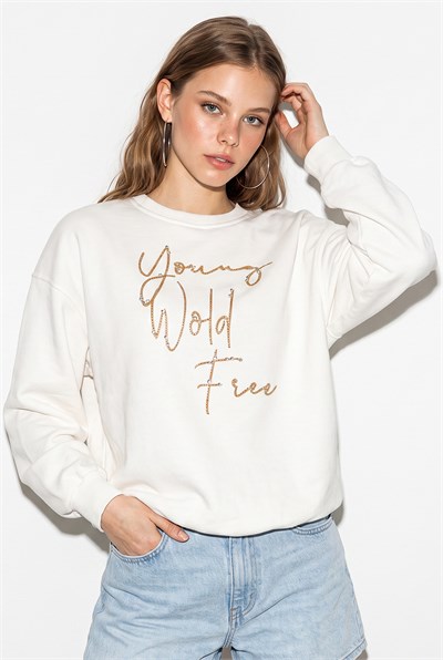 Kadın Taşlı Yazı Detaylı Oversize Üç İplik Sweatshirt 1006 60286478 - Beyaz