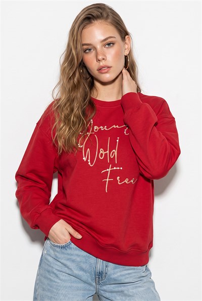 Kadın Taşlı Yazı Detaylı Oversize Üç İplik Sweatshirt 1006 60286478 - Kırmızı