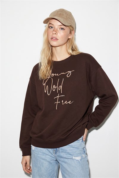 Kadın Taşlı Yazı Detaylı Oversize Üç İplik Sweatshirt 1006 60286478 - Acı Kahve