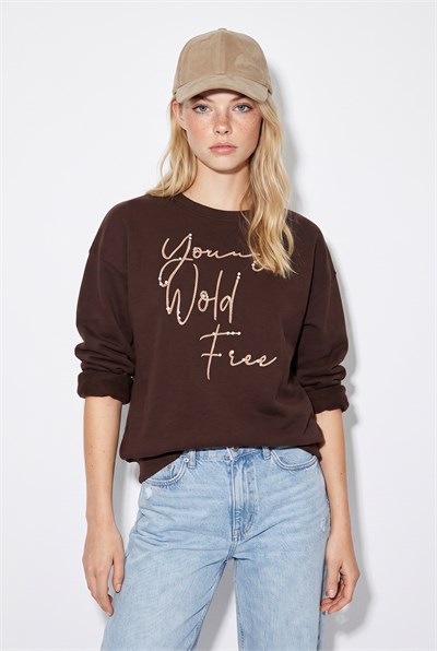 Kadın Taşlı Yazı Detaylı Oversize Üç İplik Sweatshirt 1006 60286478 - Acı Kahve