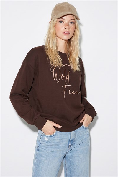 Kadın Taşlı Yazı Detaylı Oversize Üç İplik Sweatshirt 1006 60286478 - Acı Kahve