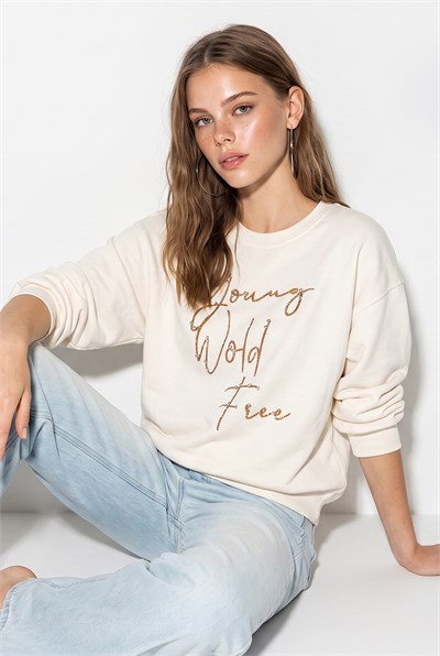 Kadın Taşlı Yazı Detaylı Oversize Üç İplik Sweatshirt 1006 60286478 - Beyaz