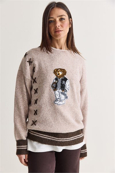 Kadın Teddy Aplikeli Çapraz Nakış Detaylı Bisiklet Yaka Oversize Triko Kazak 5307 60286700 - Bej
