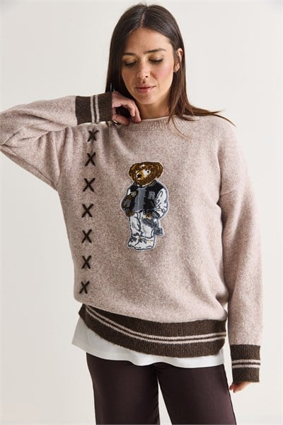 Kadın Teddy Aplikeli Çapraz Nakış Detaylı Bisiklet Yaka Oversize Triko Kazak 5307 60286700 - Bej