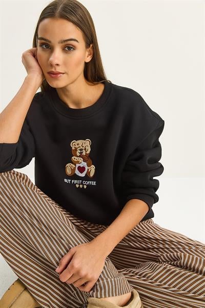 Kadın Teddy Nakış Detaylı Üç İplik Şardonlu Sweatshirt 60601044 - Siyah