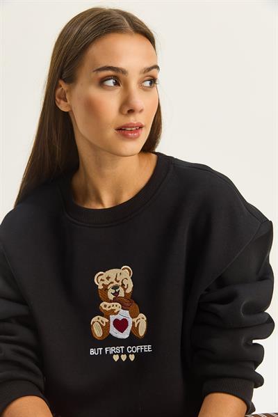 Kadın Teddy Nakış Detaylı Üç İplik Şardonlu Sweatshirt 60601044 - Siyah