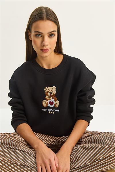 Kadın Teddy Nakış Detaylı Üç İplik Şardonlu Sweatshirt 60601044 - Siyah