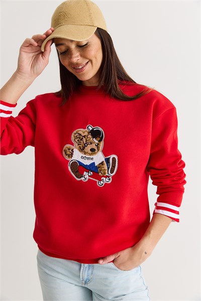 Kadın Teddy Nakış İşlemeli Bisiklet Yaka Salaş Sweatshirt 6864 60283522 - Kırmızı
