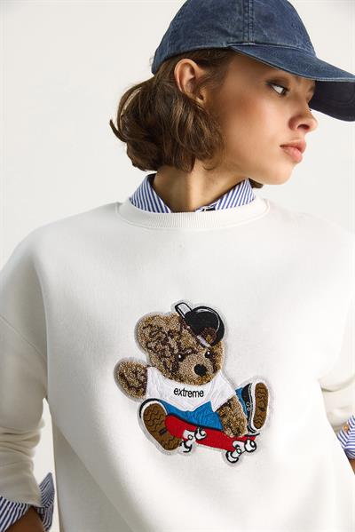 Kadın Teddy Nakış İşlemeli Bisiklet Yaka Salaş Sweatshirt 6864 60283522 - Beyaz
