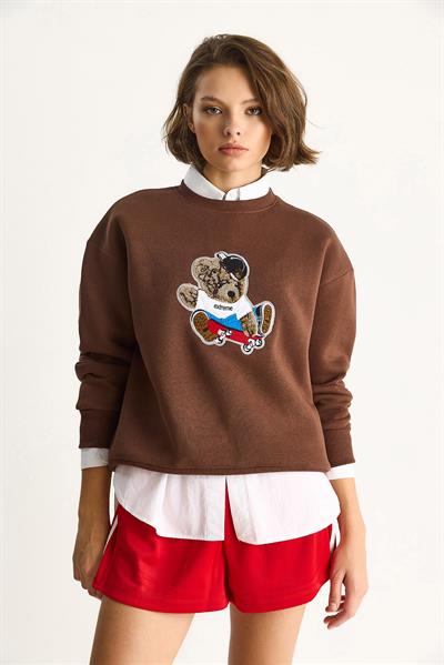 Kadın Teddy Nakış İşlemeli Bisiklet Yaka Salaş Sweatshirt 6864 60283522 - Kahverengi