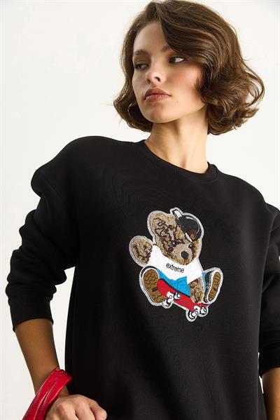 Kadın Teddy Nakış İşlemeli Bisiklet Yaka Salaş Sweatshirt 6864 60283522 - Siyah
