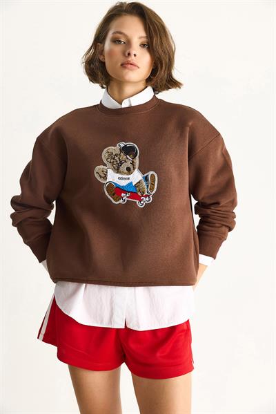 Kadın Teddy Nakış İşlemeli Bisiklet Yaka Salaş Sweatshirt 6864 60283522 - Kahverengi