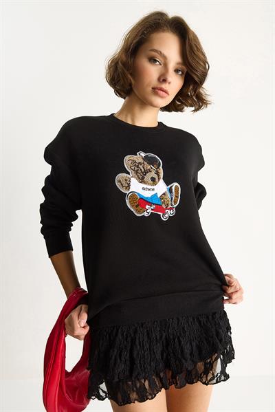 Kadın Teddy Nakış İşlemeli Bisiklet Yaka Salaş Sweatshirt 6864 60283522 - Siyah
