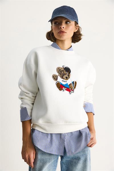 Kadın Teddy Nakış İşlemeli Bisiklet Yaka Salaş Sweatshirt 6864 60283522 - Beyaz