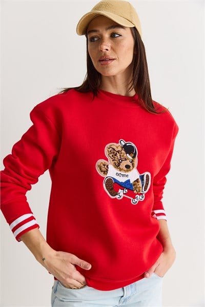 Kadın Teddy Nakış İşlemeli Bisiklet Yaka Salaş Sweatshirt 6864 60283522 - Kırmızı