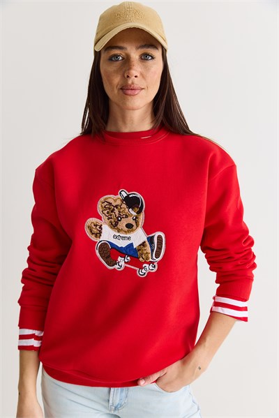 Kadın Teddy Nakış İşlemeli Bisiklet Yaka Salaş Sweatshirt 6864 60283522 - Kırmızı