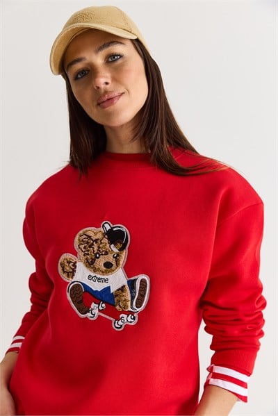 Kadın Teddy Nakış İşlemeli Bisiklet Yaka Salaş Sweatshirt 6864 60283522 - Kırmızı