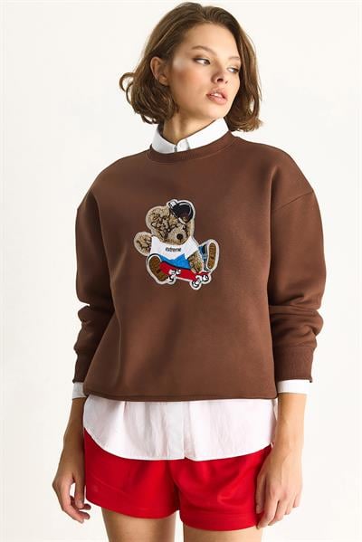 Kadın Teddy Nakış İşlemeli Bisiklet Yaka Salaş Sweatshirt 6864 60283522 - Kahverengi