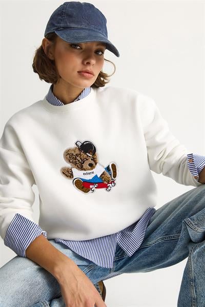 Kadın Teddy Nakış İşlemeli Bisiklet Yaka Salaş Sweatshirt 6864 60283522 - Beyaz