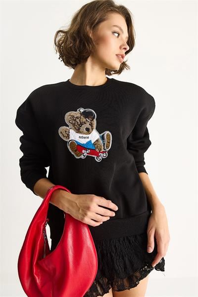 Kadın Teddy Nakış İşlemeli Bisiklet Yaka Salaş Sweatshirt 6864 60283522 - Siyah