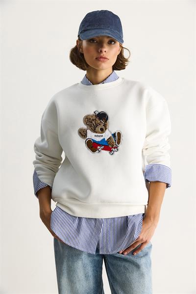 Kadın Teddy Nakış İşlemeli Bisiklet Yaka Salaş Sweatshirt 6864 60283522 - Beyaz