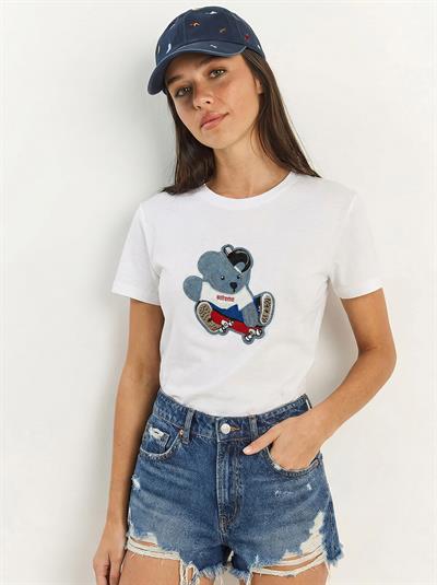 Kadın Teddy Nakışlı İşlemeli Bisiklet Yaka Basic T-Shirt 7533 60283952 - Beyaz