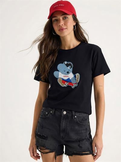 Kadın Teddy Nakışlı İşlemeli Bisiklet Yaka Basic T-Shirt 7533 60283952 - Siyah