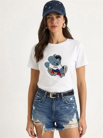 Kadın Teddy Nakışlı İşlemeli Bisiklet Yaka Basic T-Shirt 7533 60283952 - Beyaz