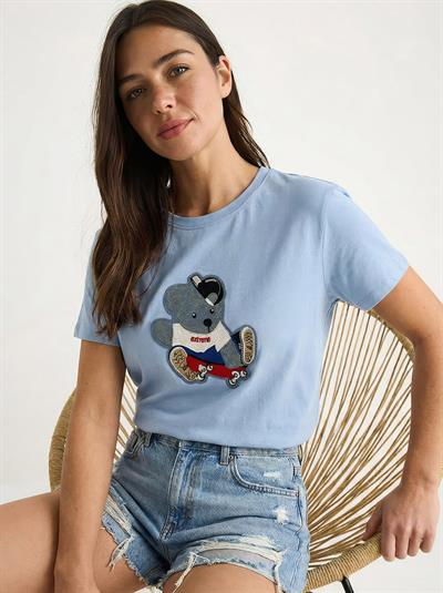 Kadın Teddy Nakışlı İşlemeli Bisiklet Yaka Basic T-Shirt 7533 60283952 - Bebe Mavisi