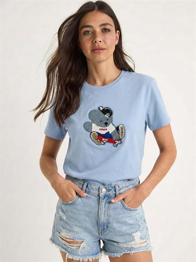 Kadın Teddy Nakışlı İşlemeli Bisiklet Yaka Basic T-Shirt 7533 60283952 - Bebe Mavisi