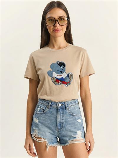 Kadın Teddy Nakışlı İşlemeli Bisiklet Yaka Basic T-Shirt 7533 60283952 - Bej