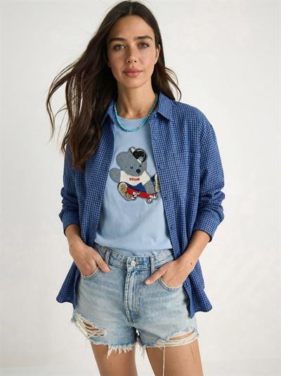 Kadın Teddy Nakışlı İşlemeli Bisiklet Yaka Basic T-Shirt 7533 60283952 - Bebe Mavisi