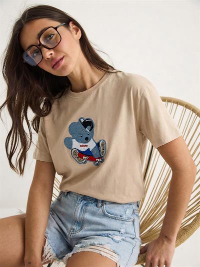 Kadın Teddy Nakışlı İşlemeli Bisiklet Yaka Basic T-Shirt 7533 60283952 - Bej