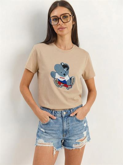 Kadın Teddy Nakışlı İşlemeli Bisiklet Yaka Basic T-Shirt 7533 60283952 - Bej