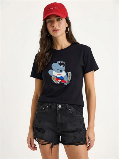 Kadın Teddy Nakışlı İşlemeli Bisiklet Yaka Basic T-Shirt 7533 60283952 - Siyah