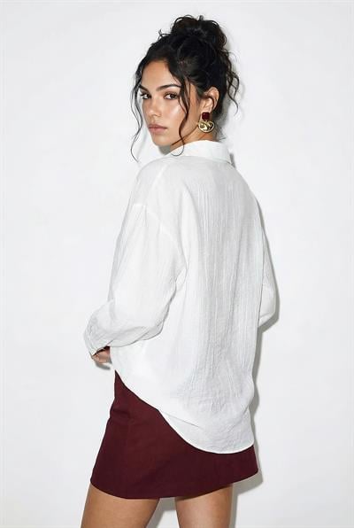 Kadın Tek Cep Detaylı Fular Aksesuarlı Salaş Krinkıl Gömlek 586 60286049 - Beyaz