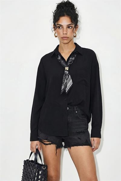 Kadın Tek Cep Detaylı Fular Aksesuarlı Salaş Krinkıl Gömlek 586 60286049 - Siyah