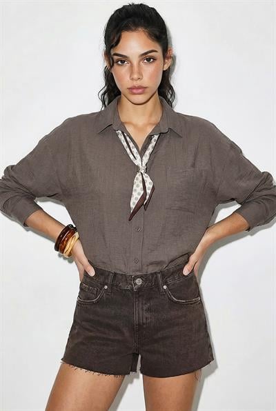 Kadın Tek Cep Detaylı Fular Aksesuarlı Salaş Krinkıl Gömlek 586 60286049 - Vizon