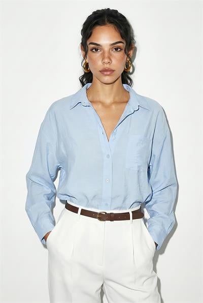 Kadın Tek Cep Detaylı Fular Aksesuarlı Salaş Krinkıl Gömlek 586 60286049 - Bebe Mavisi