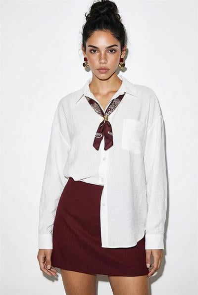 Kadın Tek Cep Detaylı Fular Aksesuarlı Salaş Krinkıl Gömlek 586 60286049 - Beyaz