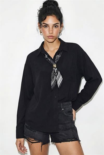 Kadın Tek Cep Detaylı Fular Aksesuarlı Salaş Krinkıl Gömlek 586 60286049 - Siyah