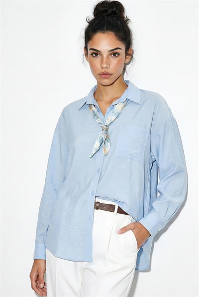 Kadın Tek Cep Detaylı Fular Aksesuarlı Salaş Krinkıl Gömlek 586 60286049 - Bebe Mavisi