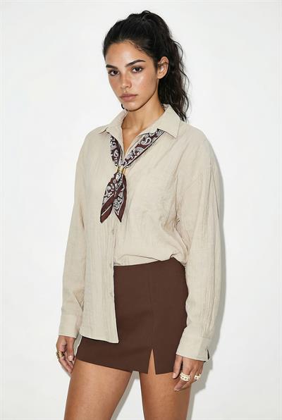 Kadın Tek Cep Detaylı Fular Aksesuarlı Salaş Krinkıl Gömlek 586 60286049 - Bej